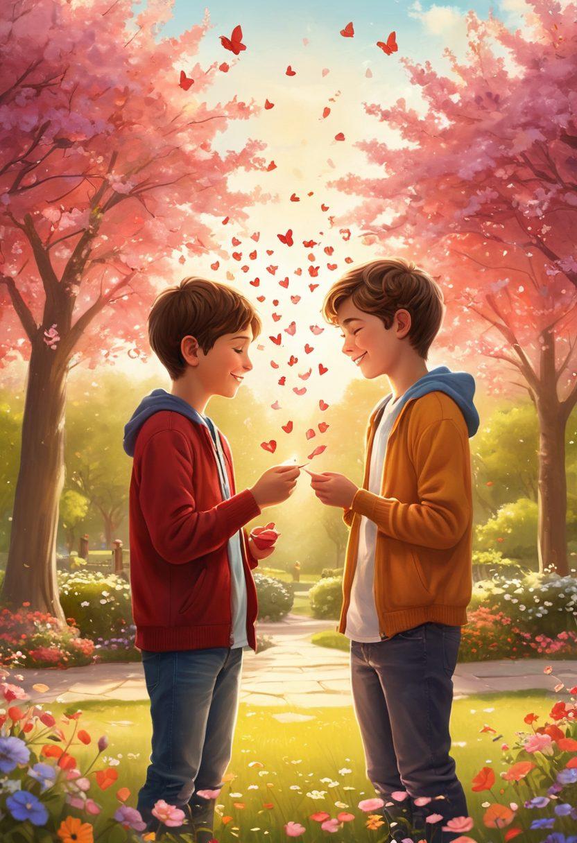 A warm and cozy scene of two boys sharing a heartfelt moment in a sunny park, surrounded by blooming flowers and soft, glowing sunlight. They are exchanging love notes and laughter, showcasing deep affection and connection. Include whimsical elements like floating hearts and butterflies to enhance the romantic atmosphere. super-realistic. vibrant colors. soft background.