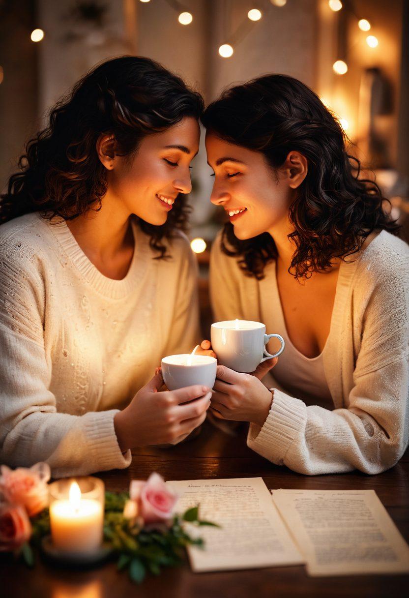A cozy setting depicting two friends sharing a heartfelt moment, surrounded by soft candlelight and beautiful floral arrangements. Include subtle symbols of affection, like intertwined hands, a love letter, and steaming cups of tea. The background features warm tones and gentle bokeh effects to enhance intimacy and warmth. super-realistic. soft lighting. vibrant colors.