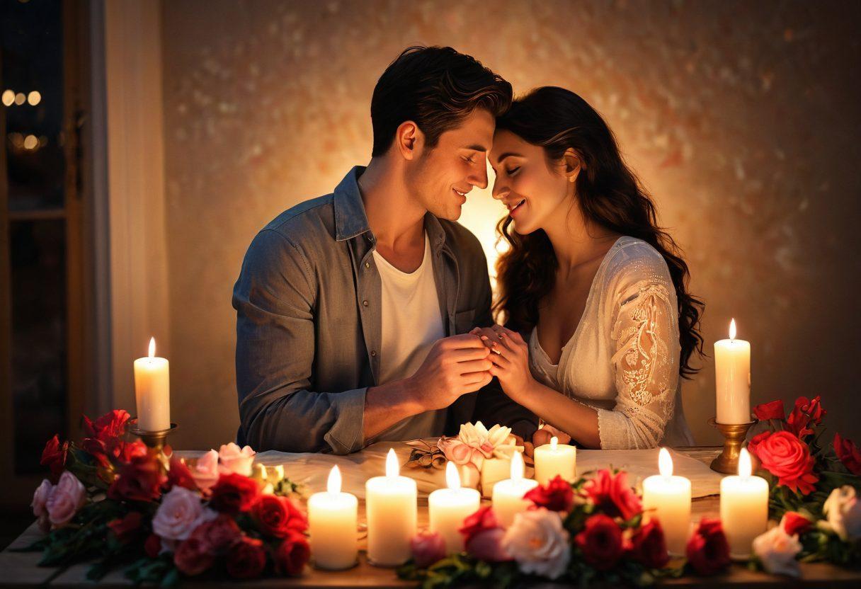 A cozy, intimate setting featuring a couple sharing a warm moment, surrounded by soft candlelight and vibrant flowers. Include elements like intertwined hands, a small, open heart-shaped box nearby, and a softly glowing ambiance that conveys affection and connection. The background should be blurred to emphasize the couple's emotions. super-realistic. warm tones. soft focus.